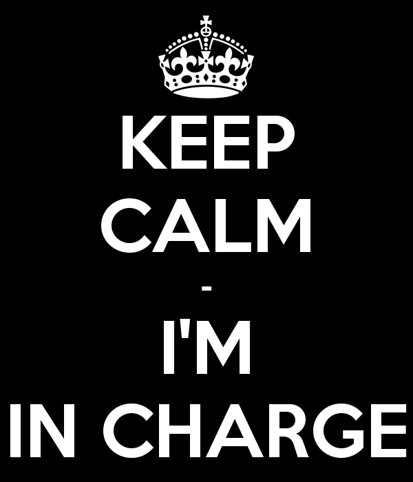 In charge of. Be in charge of. To be in charge of. I'M in charge.