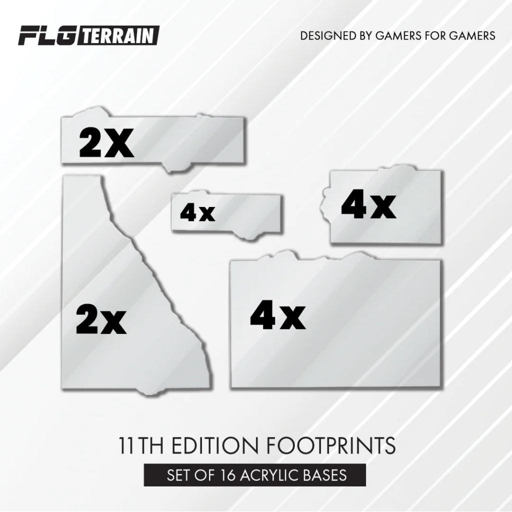 11thedition40kfullclearacrylicfootprints Frontline Gaming Clear acrylic terrain footprints for Warhammer 40,000 11th Edition standardized layouts.