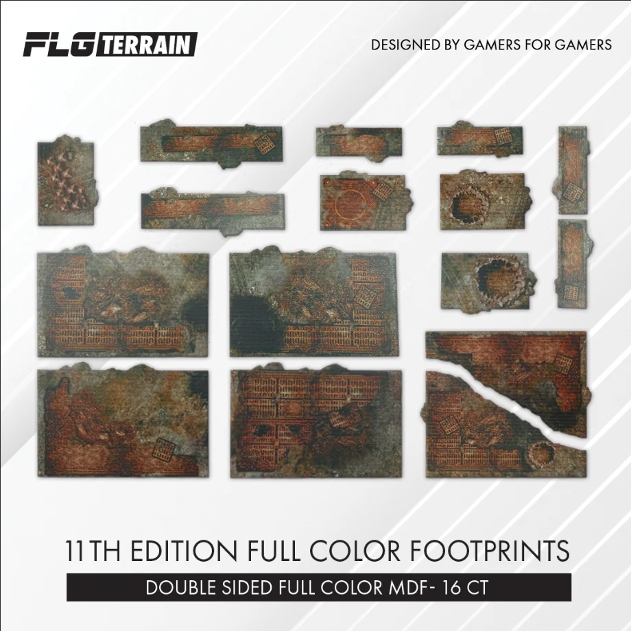 11thedition40kfullcolorterrainfootprints Frontline Gaming Full-color MDF terrain footprints for Warhammer 40,000 11th Edition standardized layouts.