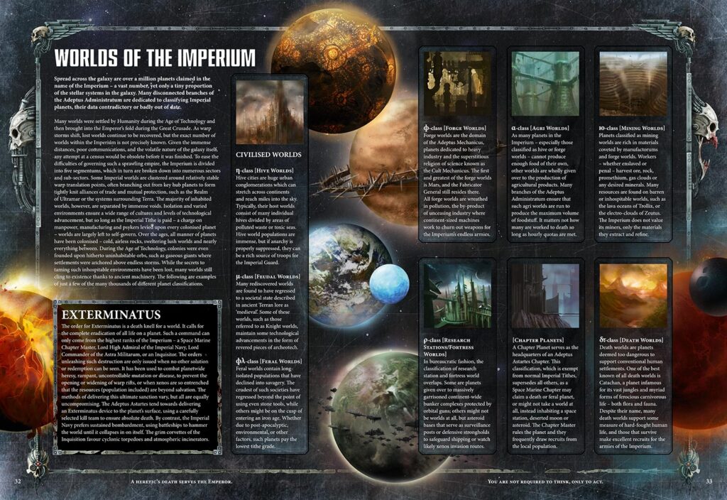 Informational infographic titled Worlds of the Imperium, with a central planet and multiple framed panels describing different world types in a space setting.