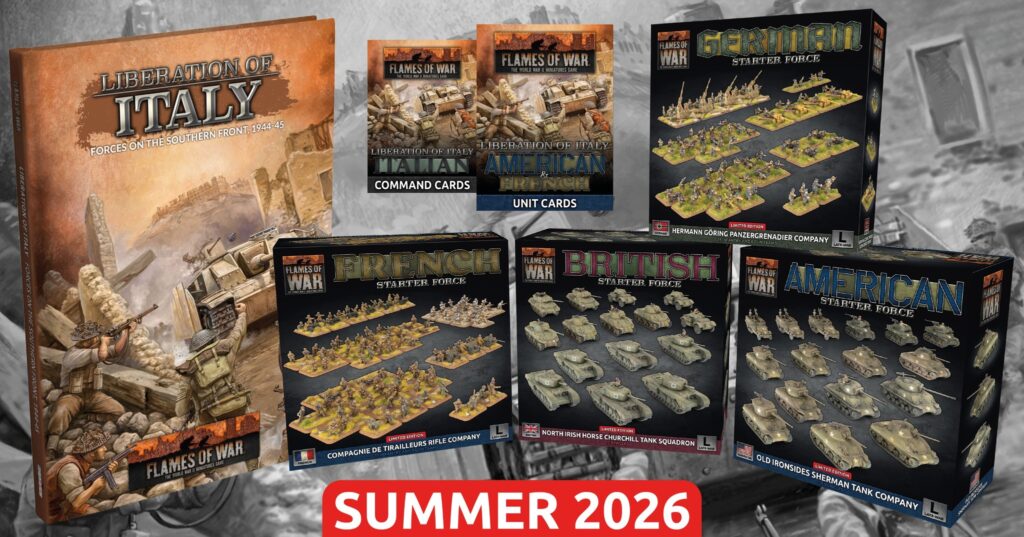 Flames of War starter boxes (Italy, American, French, British, German) arranged on a display with a 'Summer 2026' banner.
