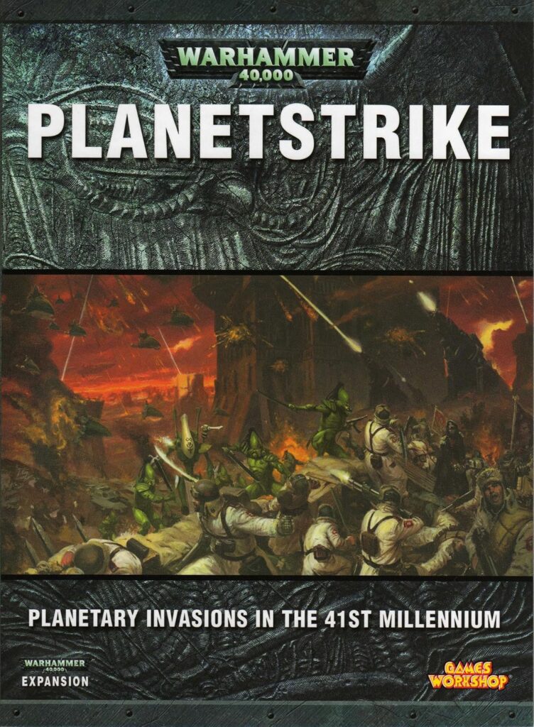 Warhammer 40,000 Planetstrike box art: a fiery battle scene with soldiers fighting amid ruins and the title PLANETSTRIKE above, plus the subtitle about planetary invasions in the 41st millennium.