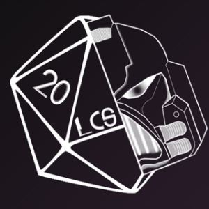 White outlined d20 showing the 20 face, with a stylized knight's helmet shape integrated on a dark gradient background.