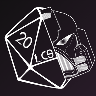 White outlined d20 showing the 20 face, with a stylized knight's helmet shape integrated on a dark gradient background.
