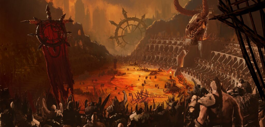 Epic fantasy battle in a fiery arena: lava pool, spikes, and crowds clashing amid ruined structures and a giant wheel in the background.