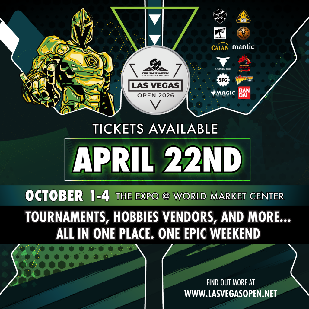 Promotional poster for Las Vegas Open 2026 with a gold armored robot, central event logo, and dates for April 22 and venue details at World Market Center.