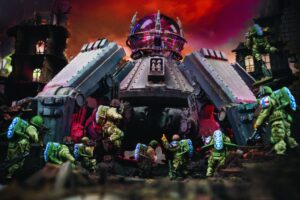 Green toy soldiers assault a massive gray mech with a glowing purple core in a ruined city setting at dusk.