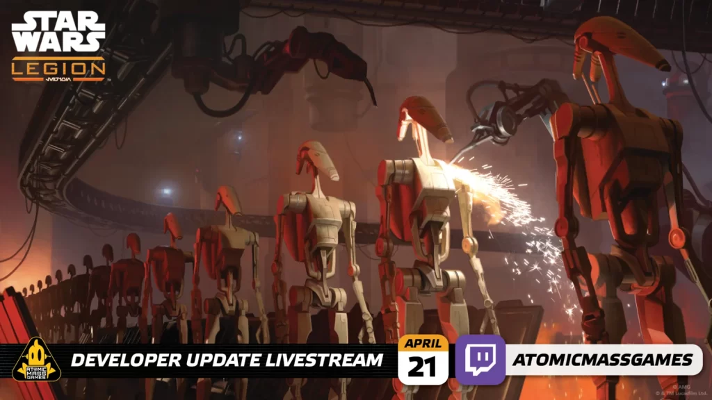 Row of red and beige battle droids in a factory line, sparks flying from a welding tool in the foreground; Star Wars: Legion branding and a 'Developer Update Livestream' banner at the bottom.