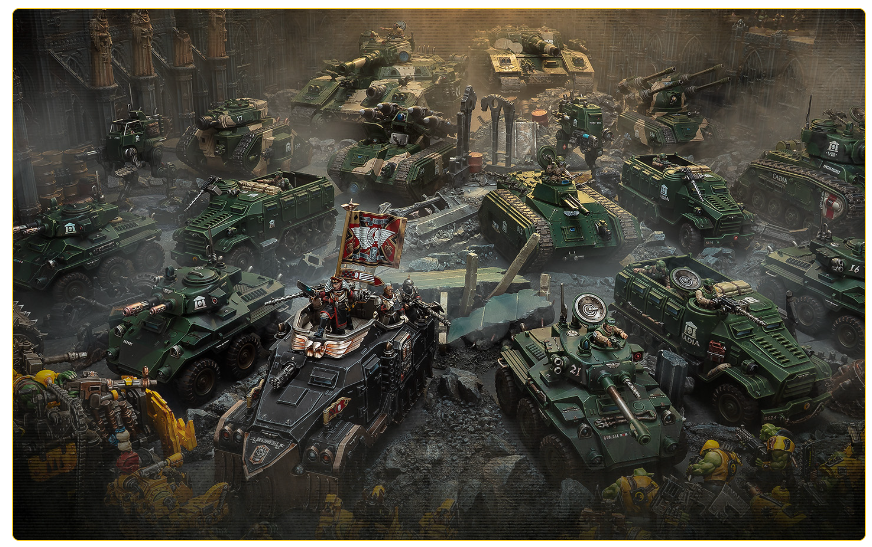 Armored miniature battle scene with many green tanks surrounding a central black vehicle bearing a red banner in a ruined city setting.