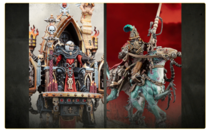 Two Warhammer fantasy models: a skeletal lord on a throne-chariot left, and an armored rider on a beast right, split by a divider.