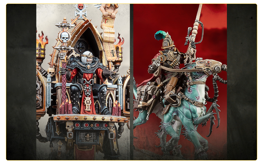 Two Warhammer fantasy models: a skeletal lord on a throne-chariot left, and an armored rider on a beast right, split by a divider.