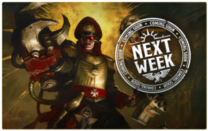 Armored, cape-wearing figure with a glowing red eye, standing beside a large circular 'Next Week' badge that says Coming Soon.