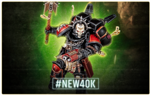 Warhammer 40K Space Marine in black and red armor with skull emblem, wielding weapons, neon green glow behind, #NEW40K.