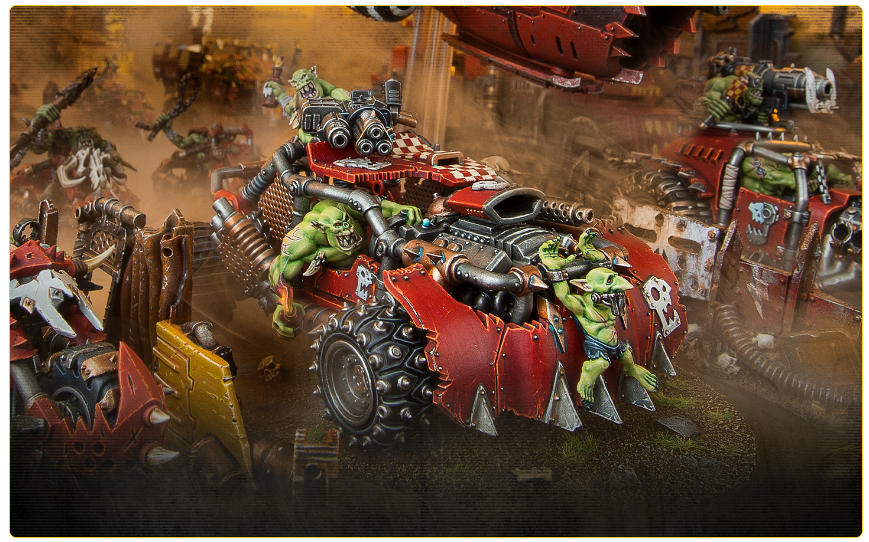 Green orc soldiers ride a red armored battle buggy with skull insignia, firing guns in a dusty battlefield.