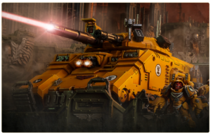 Yellow futuristic battle tank fires a red laser beam in a smoky war-torn battlefield, with a heavily armored soldier standing beside it.