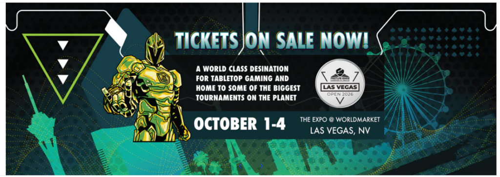 Promotional banner advertising tickets on sale for a tabletop gaming tournament in Las Vegas, Oct 1–4.