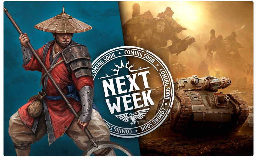Promotional banner with a samurai warrior on the left and a tank battle on the right, centered by a bold 'Next Week' badge indicating an upcoming release.