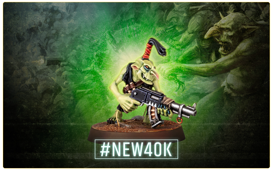 Green goblin miniature firing a rifle with a bright green glow behind, on a base that displays #NEW40K