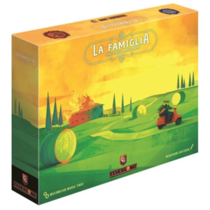 Cover art for La Famiglia: The Great Mafia War board game, showing a bright yellow–green landscape with a burning house and a couple on a red scooter.
