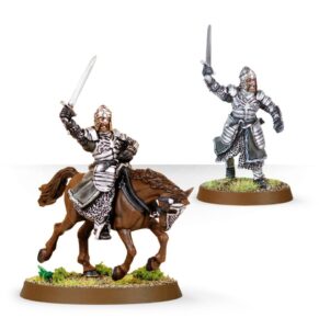 Two painted fantasy knight miniatures: one riding a brown horse, armor in silver with a raised sword and shield, the other standing on a grassy base with a raised sword ready for battle.