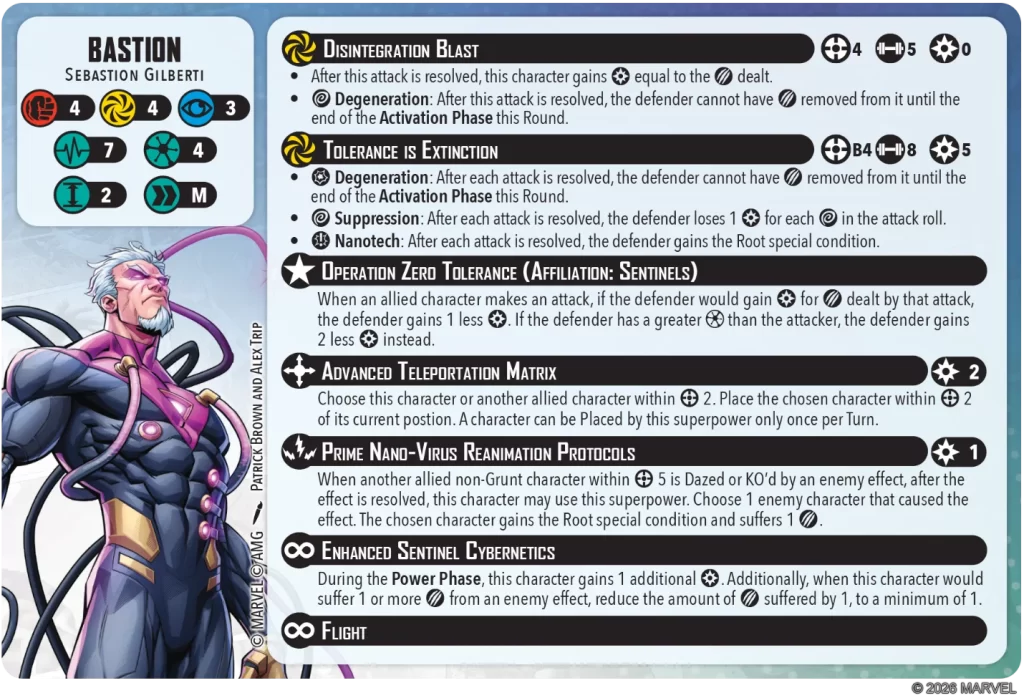 Character card for Bastion Sebastian Gilberti showing stat icons and a list of abilities like Disintegration Blast and Tolerance is Extinction on a blue card background.