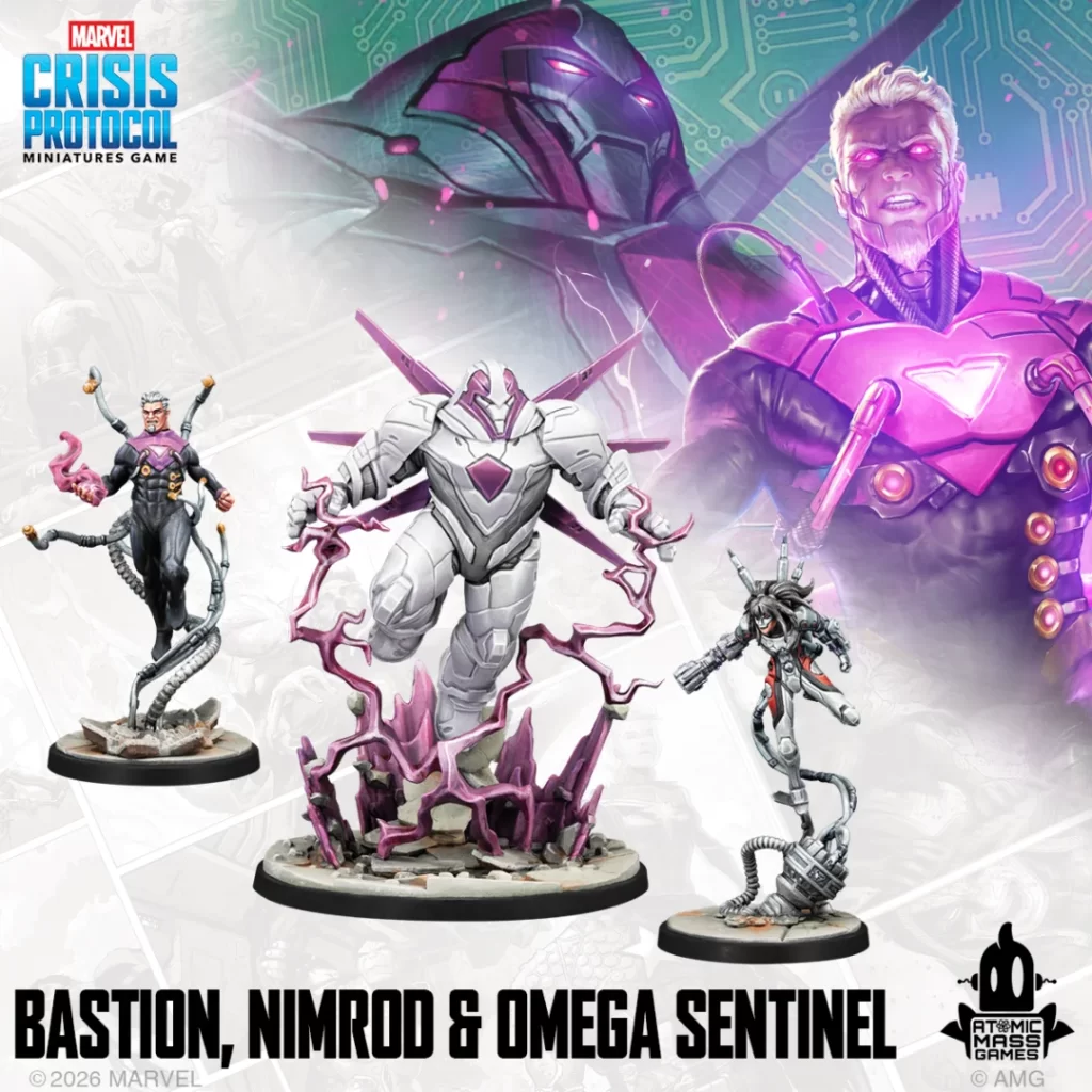 Marvel Crisis Protocol box art with three miniatures—Bastion, Nimrod, and Omega Sentinel—on rocky bases against a pink-energy backdrop, game logo visible.