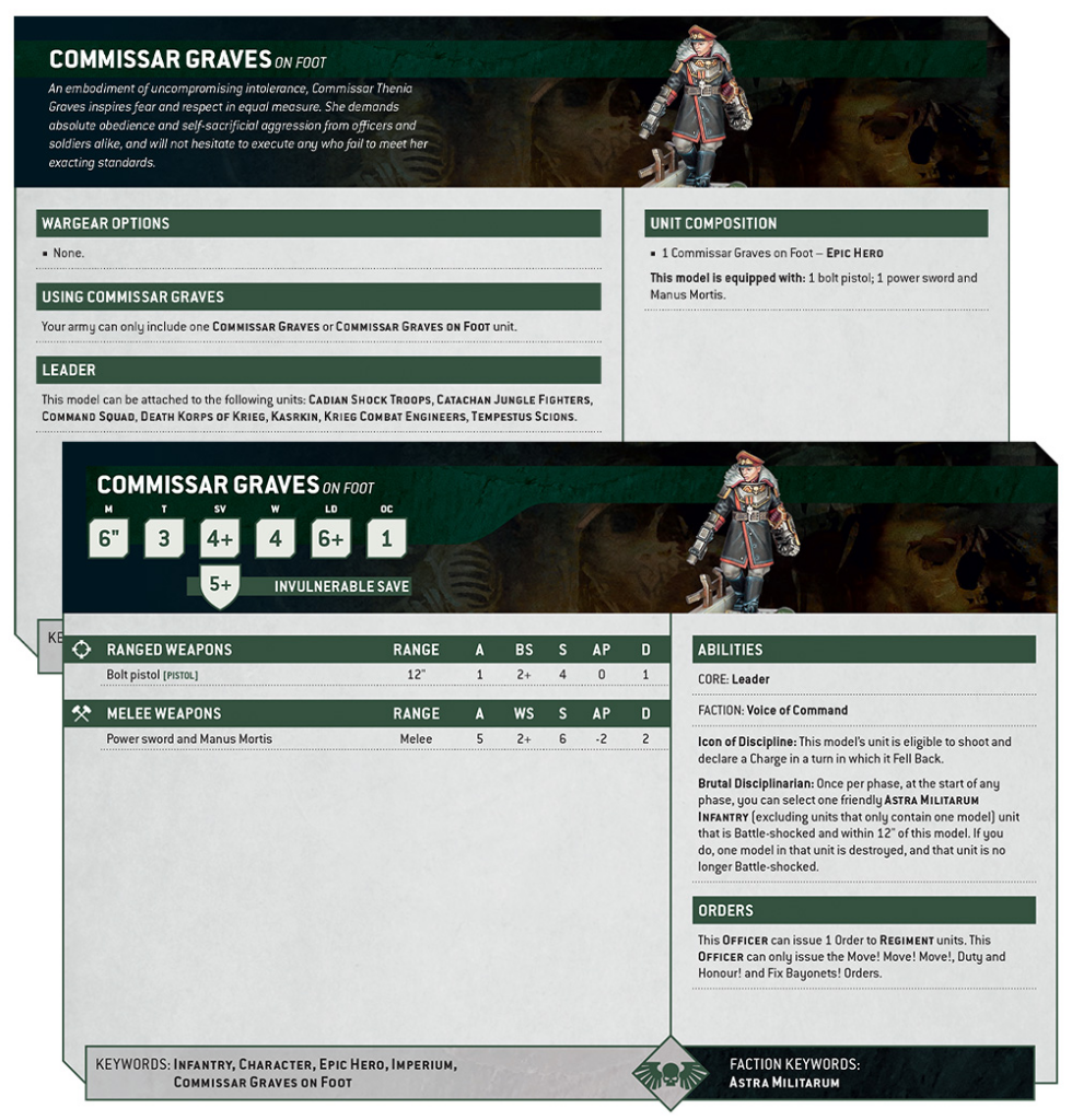 Two-page Warhammer 40k unit profile for Commissar Graves on Foot, showing weapons, abilities, and stats.