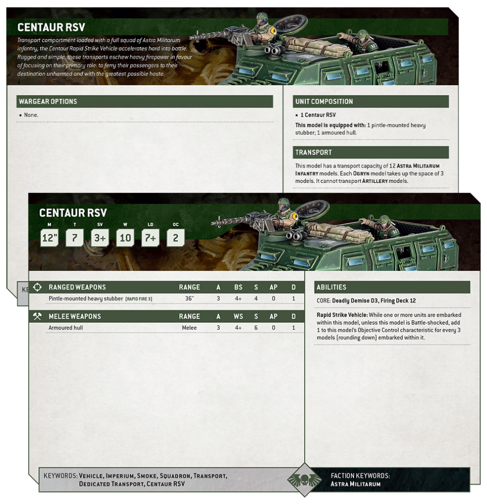 Two-page Centaur RSV data sheet with green armored vehicle artwork, showing unit stats, weapons, transport capacity, and abilities.