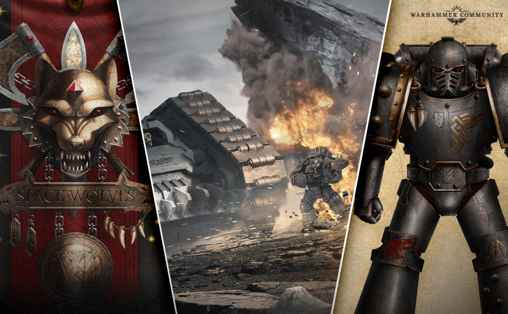 Three-panel Warhammer banner: Space Wolves crest on left, tank battle center, armored knight on right; Warhammer Community branding at top right.