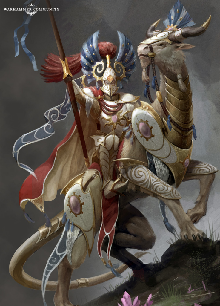 Fantasy knight in gold ornate armor rides a horned, armored beast; Warhammer Community logo sits in the top-left corner, emphasizing a heroic Warhammer scene.