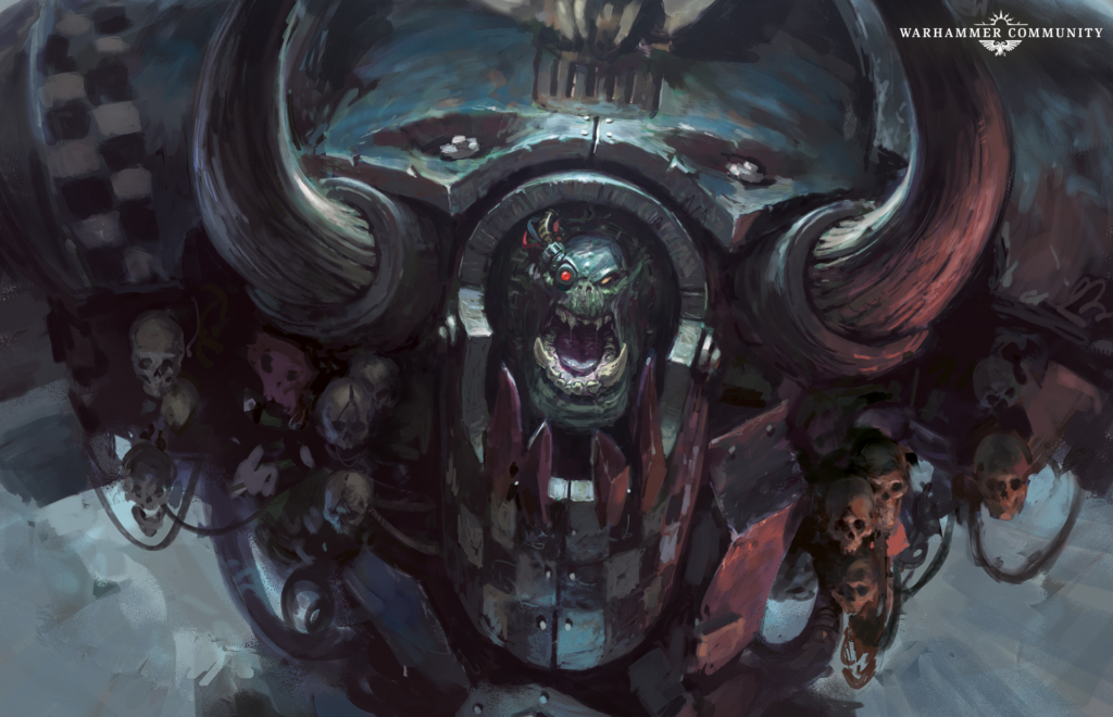 Dark, armored skull-faced creature with red eye and curved horns, menacing crowd of skulls in a chaotic battle scene (Warhammer art).