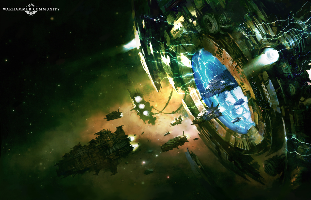 Ringed space station with blue glow and electric green lightning, set against a smoky nebula; several small ships nearby.