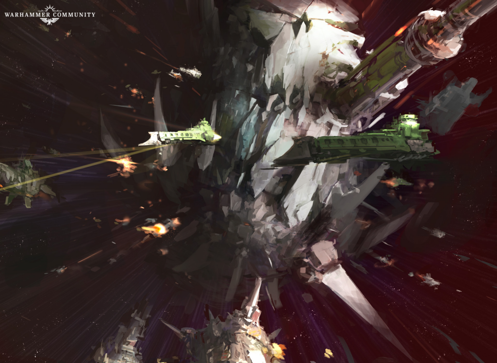 Abstract space battle scene featuring lime-green warships firing lasers against a jagged, asteroid‑like backdrop; Warhammer Community banner visible in the corner