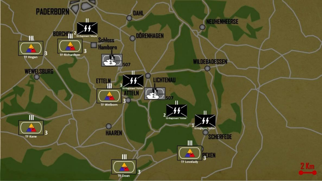 Strategic map of a battlefield with unit icons (SS and TF) around Etteln, Paderborn, Wewelsburg and Scherfede.
