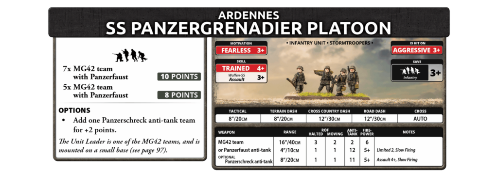 Ardennes SS Panzergrenadier Platoon card showing unit stats, weapons, and options for a tabletop game fielded by soldiers illustration on a split-panel card