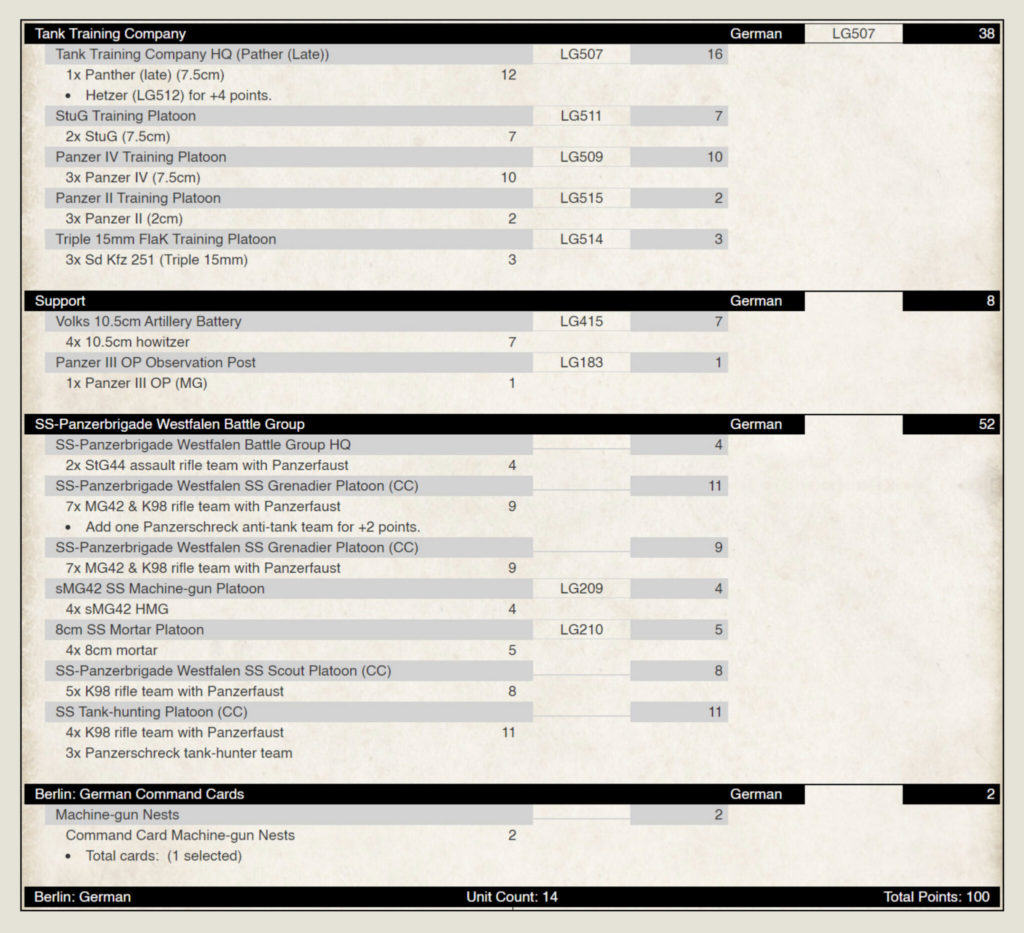 Table listing German battalion roster: Tank Training Company and support platoons with unit names and points (e.g., StuG, Panzer IV), plus German command cards section.