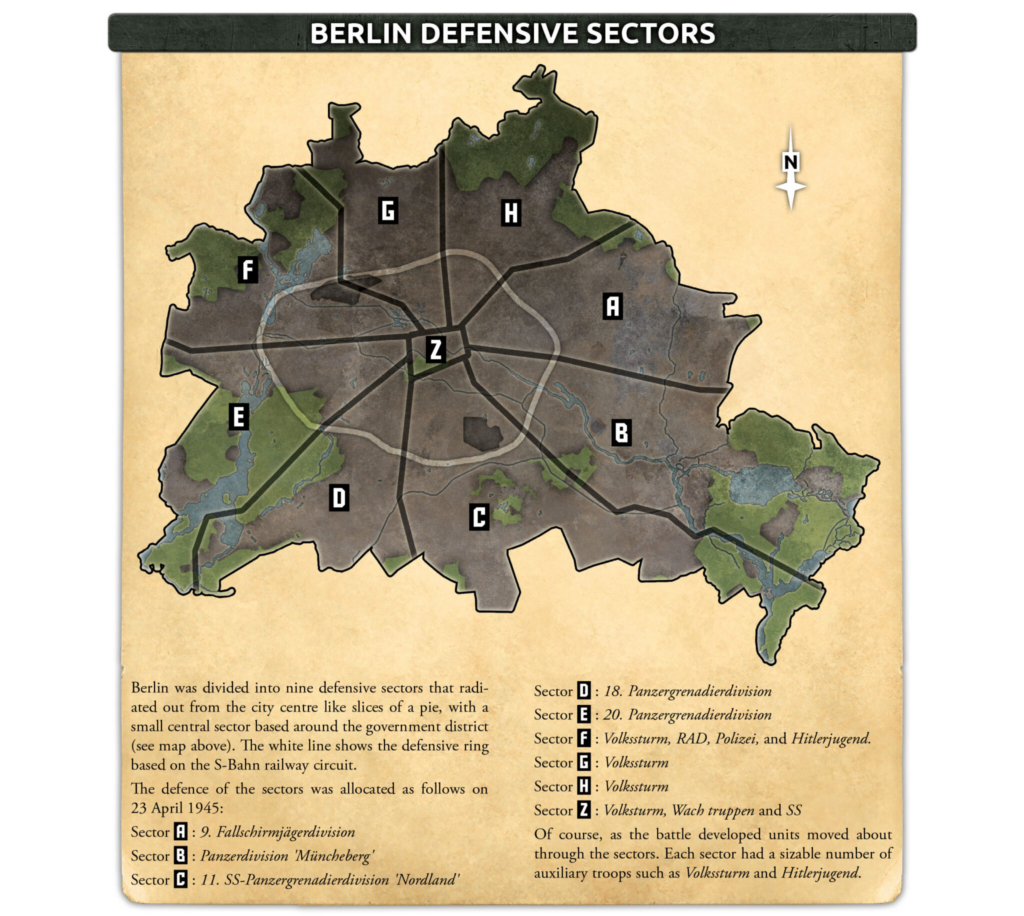 Vintage map of Berlin showing nine defensive sectors labeled A–Z around the city center with road networks obvious beneath the labels