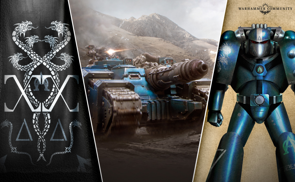 Triptych banner: left panel with silver serpent motif on black leather, center panel a blue tank firing in rugged mountains, right panel a blue armored Warhammer figure beneath the Warhammer Community logo.