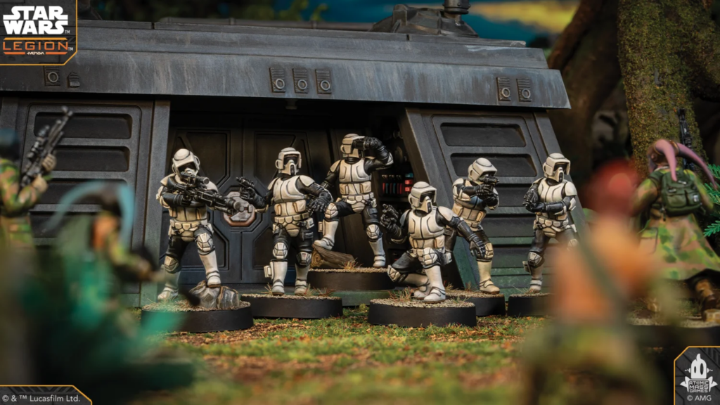 Group of white-armored stormtroopers with blaster rifles advance from a dark sci-fi bunker in a jungle diorama.