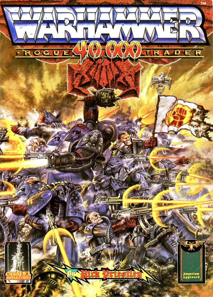 Warhammer 40,000 Rogue Trader box art: a sci-fi battle scene with armored soldiers firing guns amid explosions.