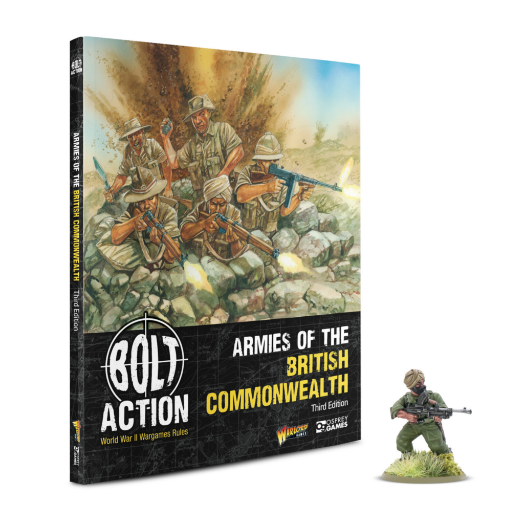 Boxed Bolt Action World War II wargames set titled Armies of the British Commonwealth; shows soldiers in combat on the cover and a miniature figure nearby