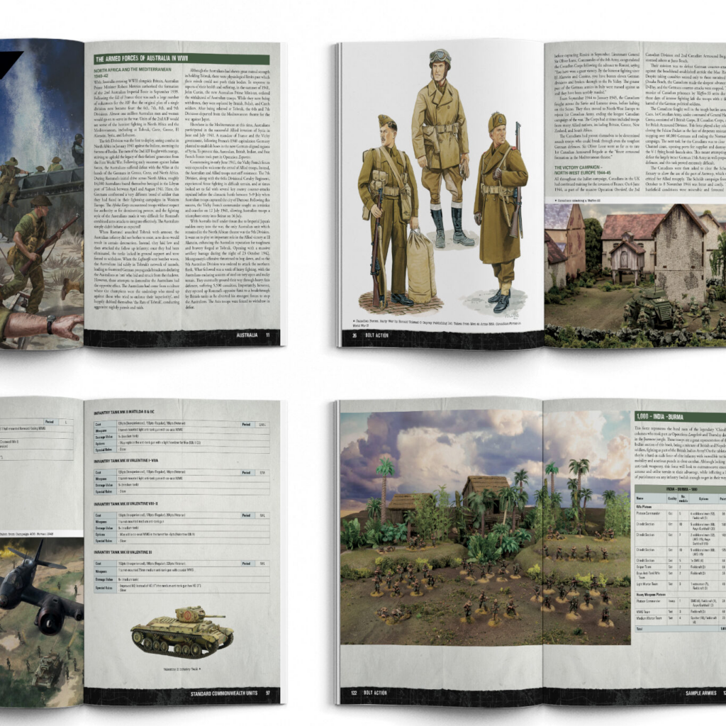 Open war-history magazines spread with illustrated soldiers, tanks, and battlefield scenes across two pages, including maps and captions.
