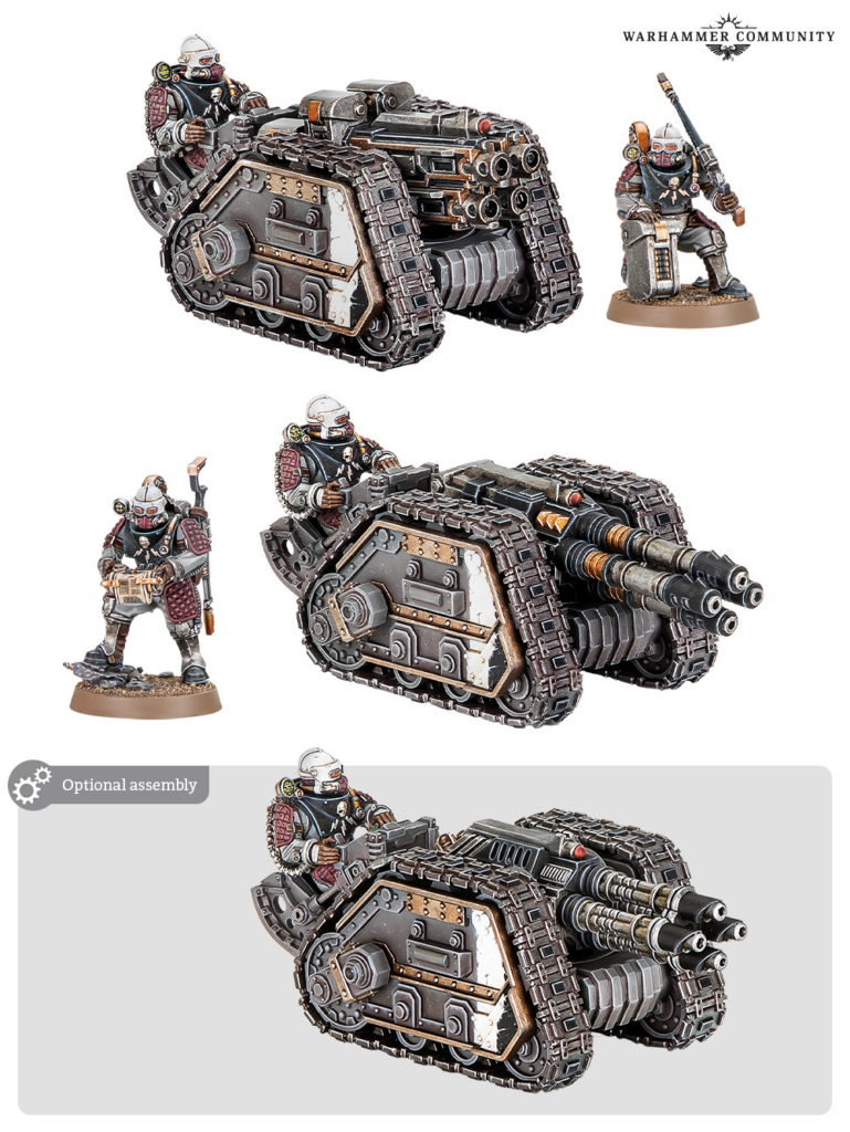 Large tracked assault tank with multiple gun barrels, accompanied by three armored Space Marines, on a white background with the Warhammer Community logo in the corner.