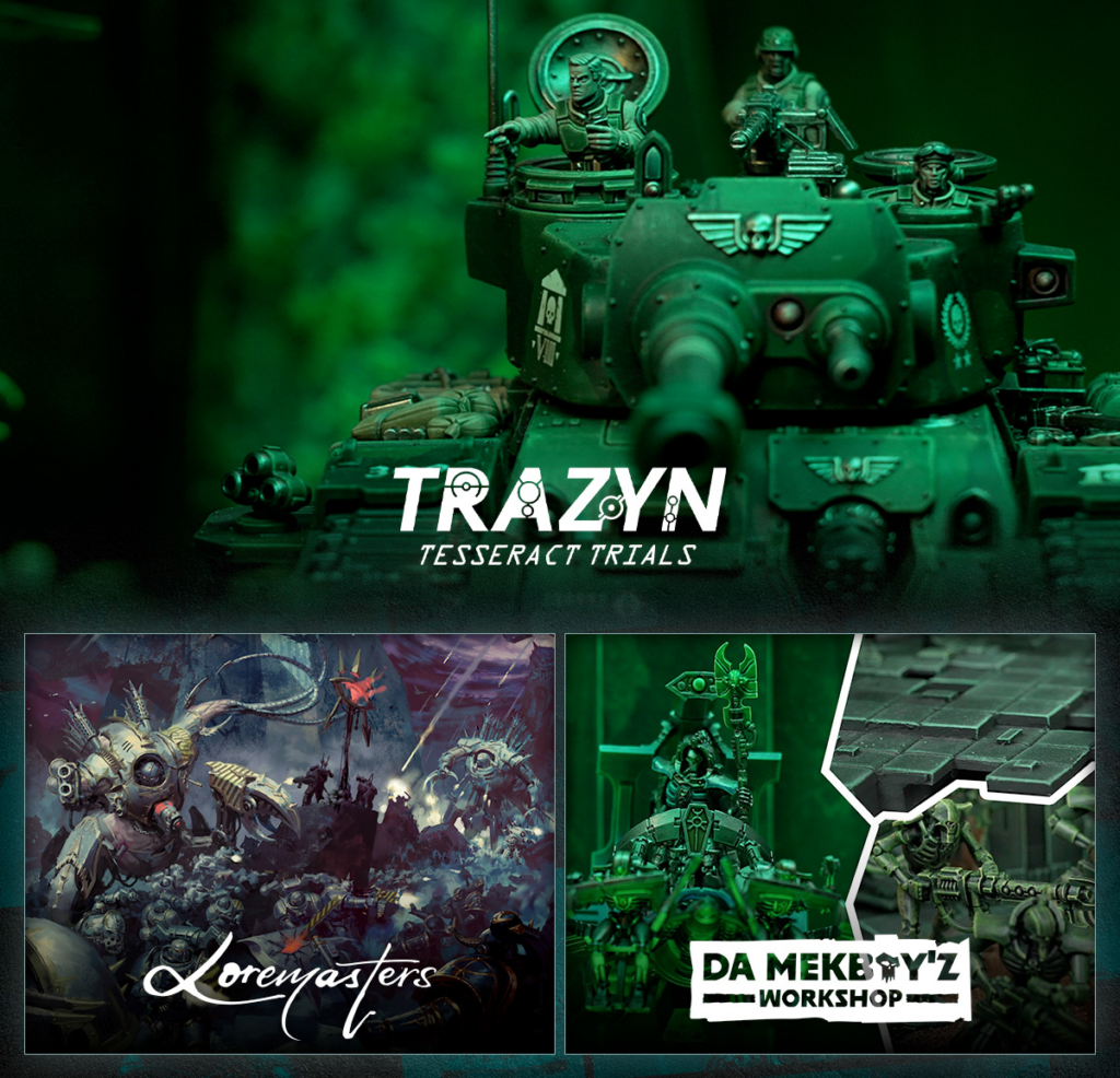 Green sci‑fi tank with miniature soldiers and the 'TRA ZYN - Tesseract Trials' logo across the front.