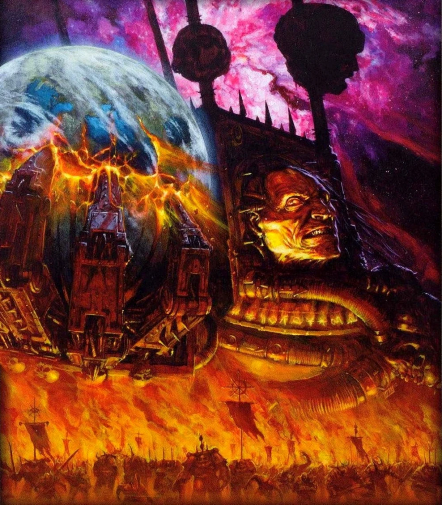 Fiery, demonic face looming over a burning battlefield with a ruined city, lava-like rivers, and a scorched planet in the background.