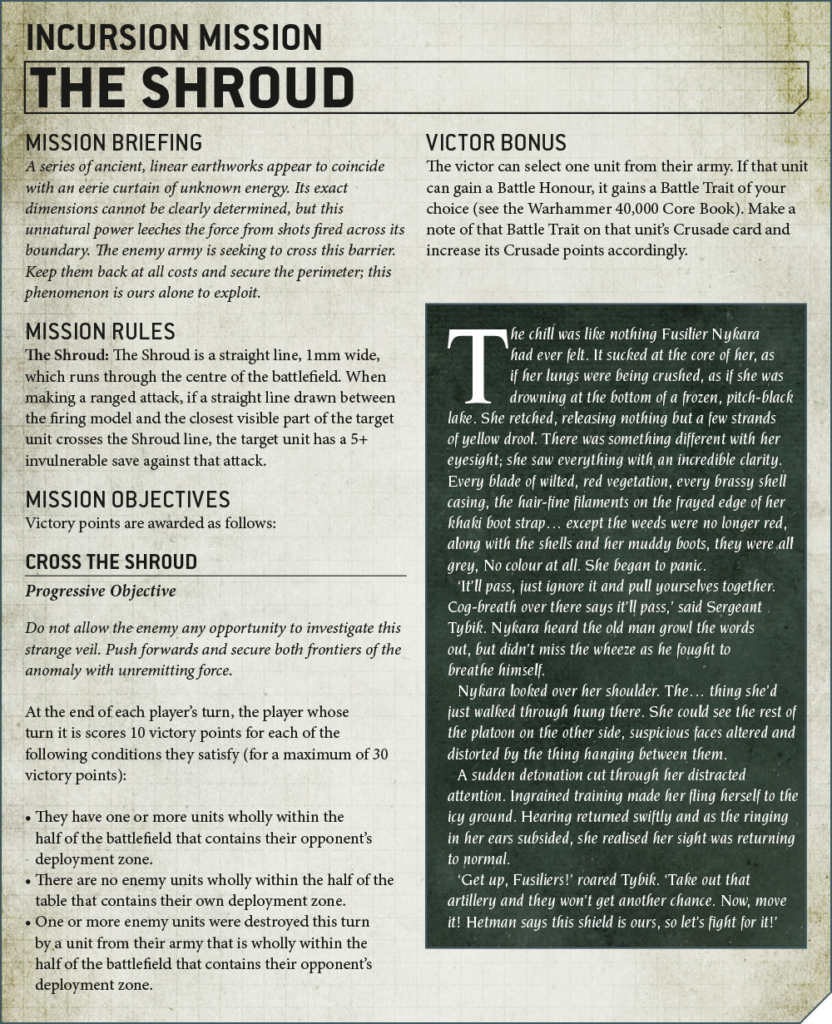 Two-column game briefing sheet titled 'Incursion Mission: The Shroud,' with sections for Mission Briefing, Mission Rules, Mission Objectives, and a right-side box for Victor Bonus and a narrative passage.
