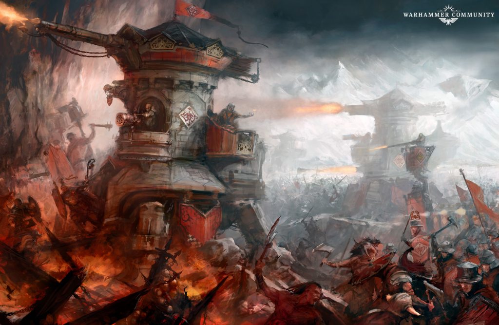 Epic siege battle with a large war machine firing a cannon amid burning chaos against a snowy fortress backdrop, Warhammer-themed