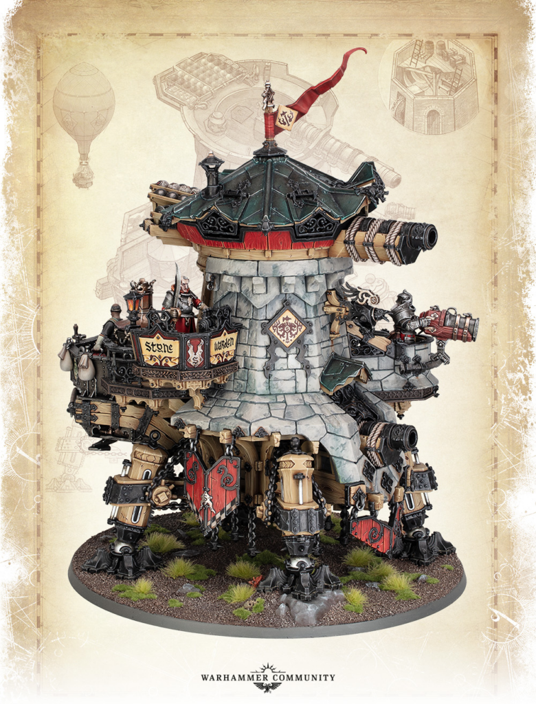 Detailed Warhammer siege-tower model named 'Stonewarden': a stone-arched tower on mechanical legs, with cannons, figures manning weapons, banners, and a rocky, grassy base.