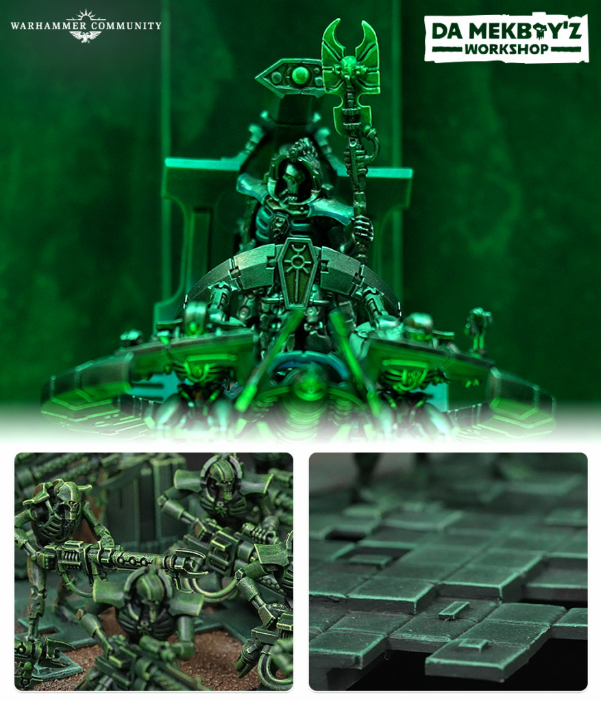 Green-lit Warhammer diorama with a central armored figure on a siege vehicle, flanked by robotic warriors in a workshop scene.