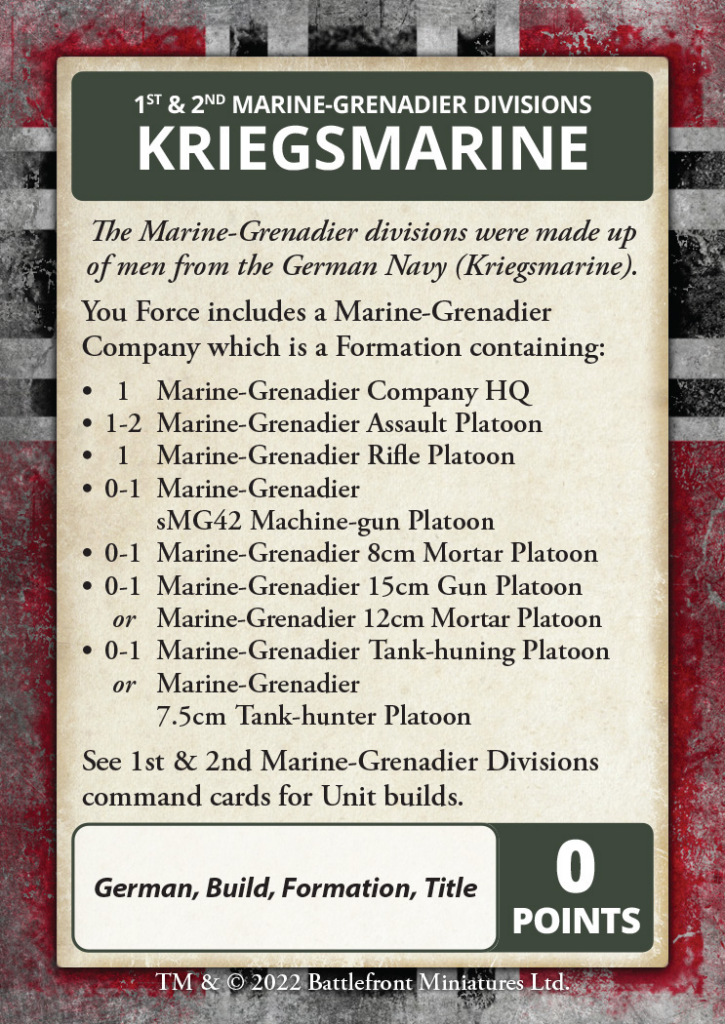 Poster detailing the Kriegsmarine Marine-Grenadier divisions with a bullet‑point list on parchment and a 0 POINTS panel.